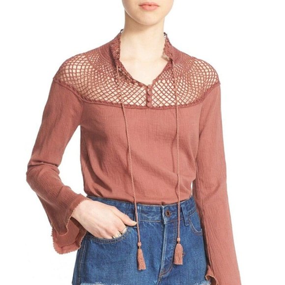 Free People On The Island Lace Crochet Floral Boho Oversized Long Sleeve Shirt - Picture 4 of 12